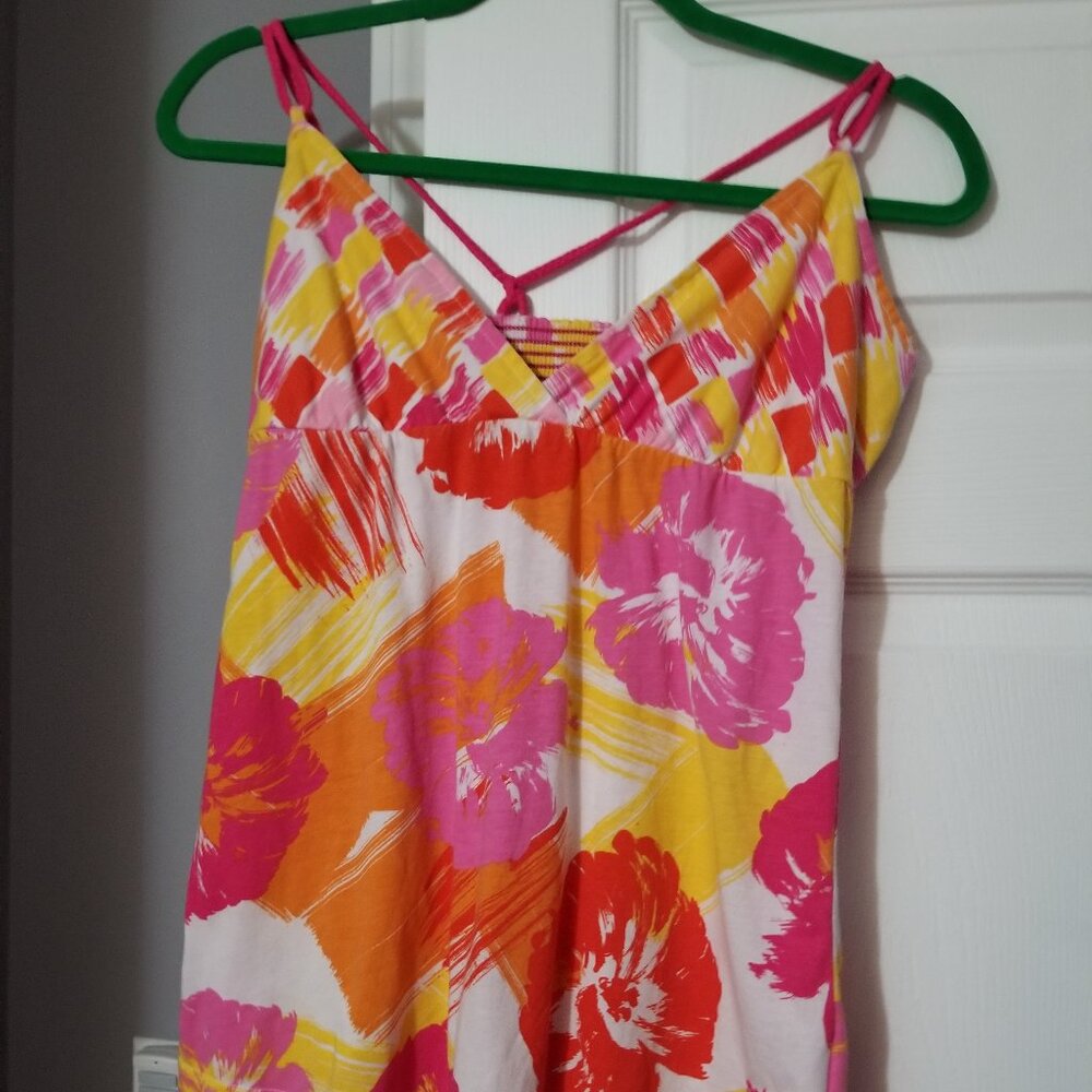 Roxy Pink and Red Hibiscus Flower Braided Strap Tank